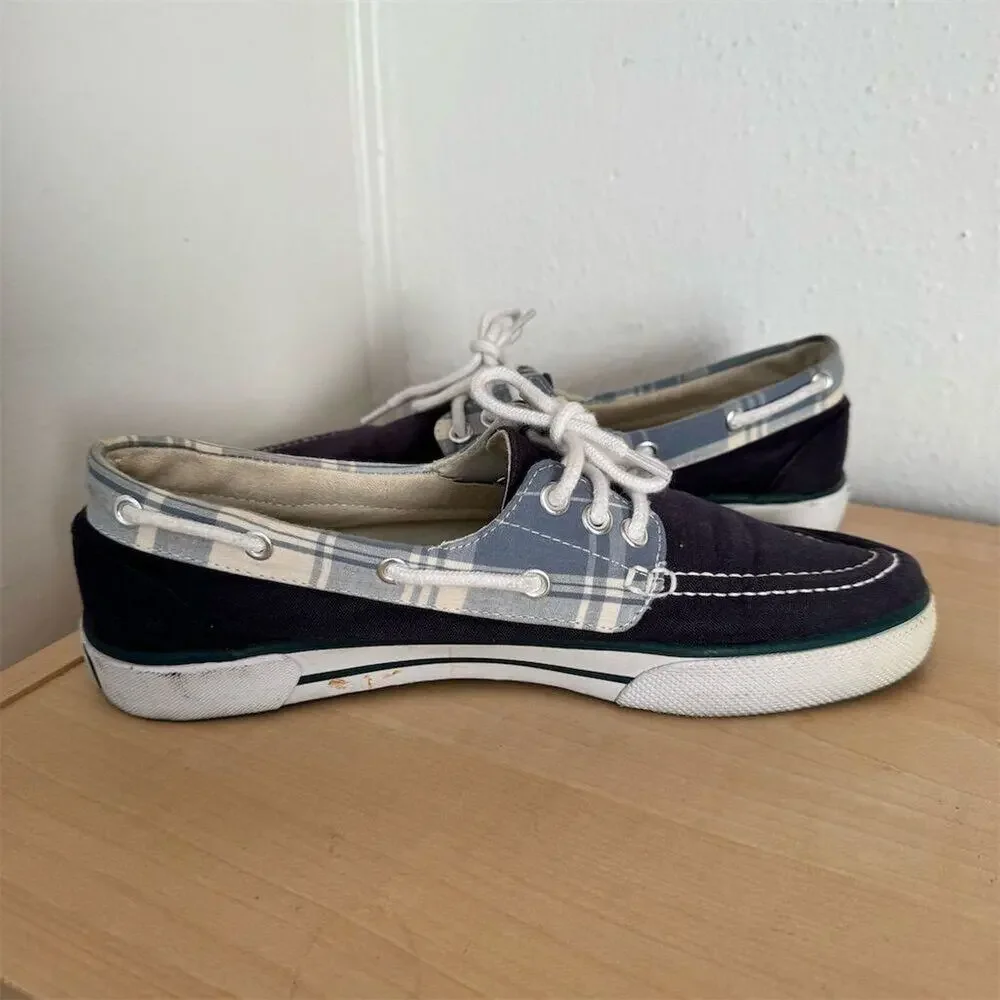 Polo by Ralph Lauren Mens Blue Plaid Boat Shoes Canvas Size 8.5 Casual Loafer